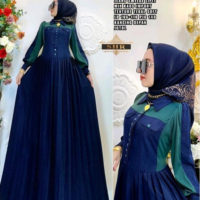 New Maxi Dress Jeans Polos Lipit Ori SHR