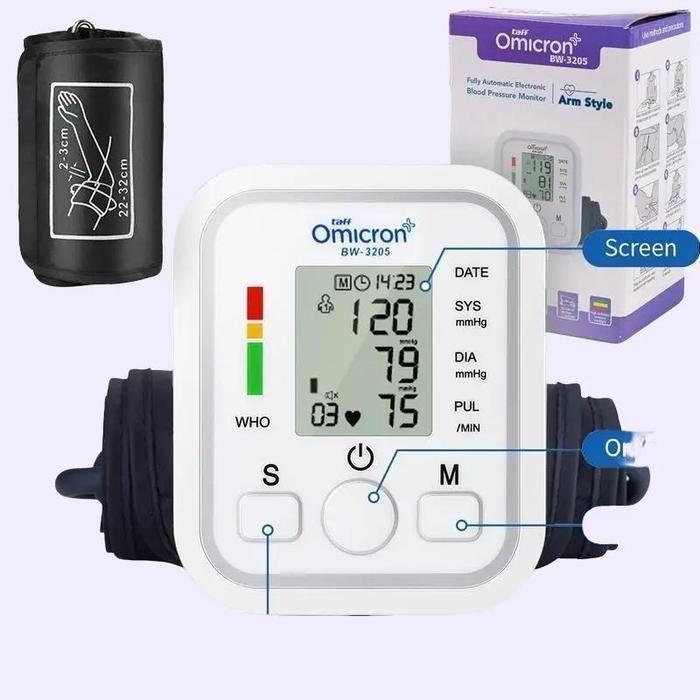 JUNSSTORE Tensimeter Digital Taff Omicron BW-3205 dengan Manset Lengan 22-32cm, Layar LCD, dan 99 Se