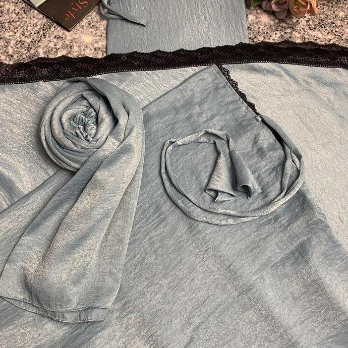 Mukena Silver Santorini Silk Renda Kecil Extra Jumbo 2in1