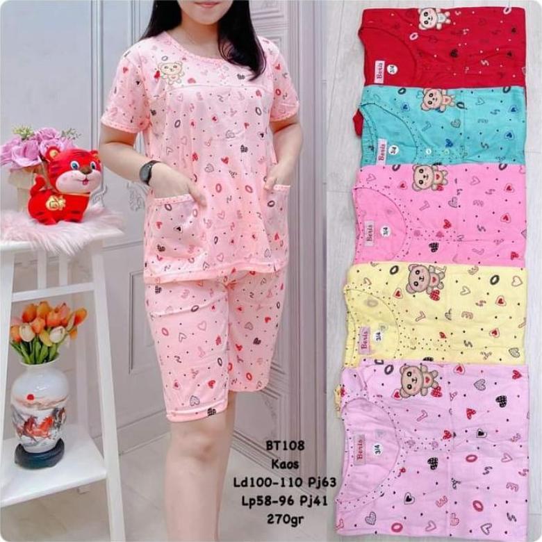 Piyama baju tidur kaos wanita dewasa 3per4 - Set baju tidur bahan kaos tebal Termurah