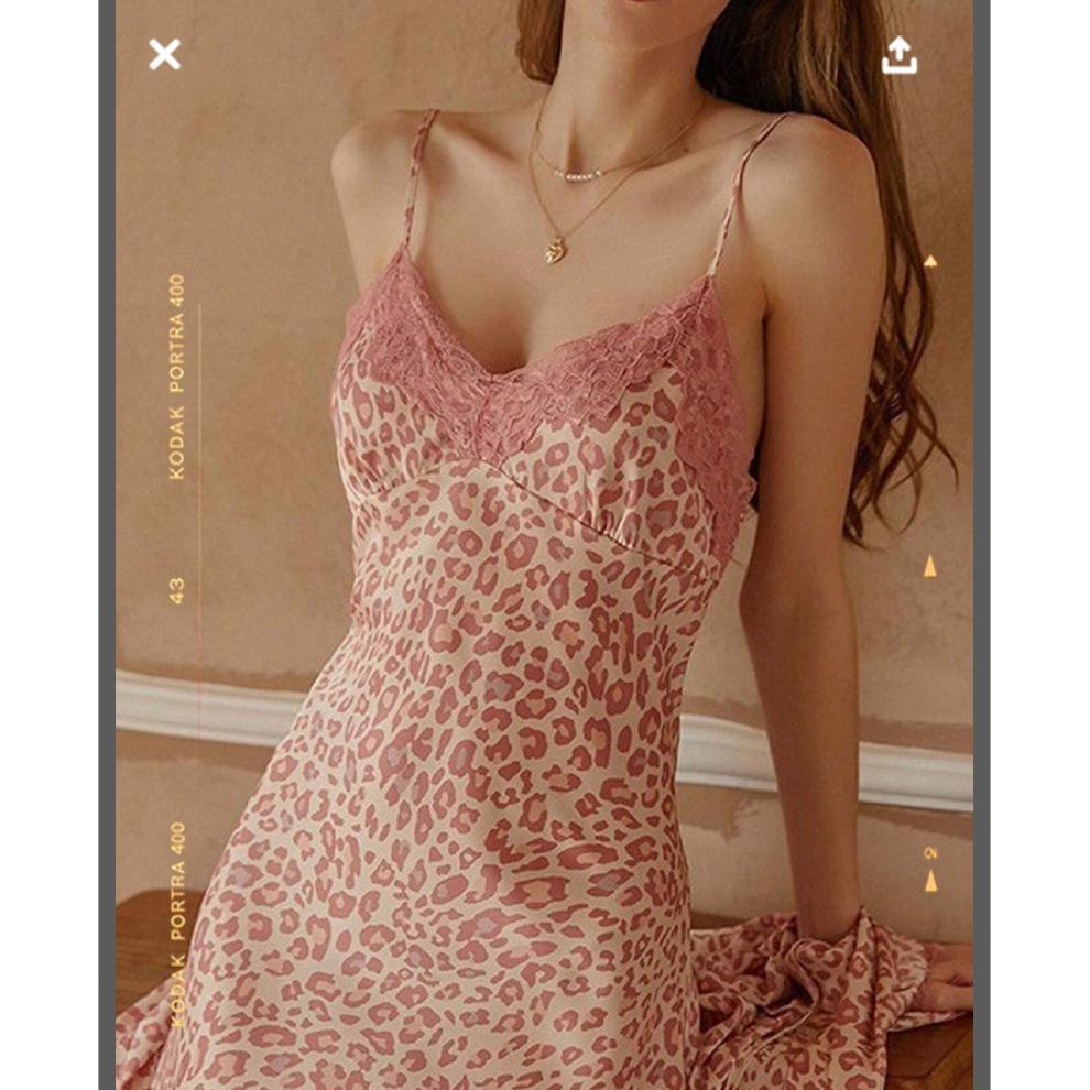 UNINICE Baju Tidur Seksi Baju Tidur Tali Satu Macan Tutul Merah Muda Dengan Bantalan Bra Termurah