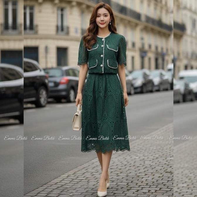 Girlfun- Emma.Butik E00560 Setelan Brokat Rok Midi Wanita Pesta Lengan Pendek Wisuda Remaja Atasan B