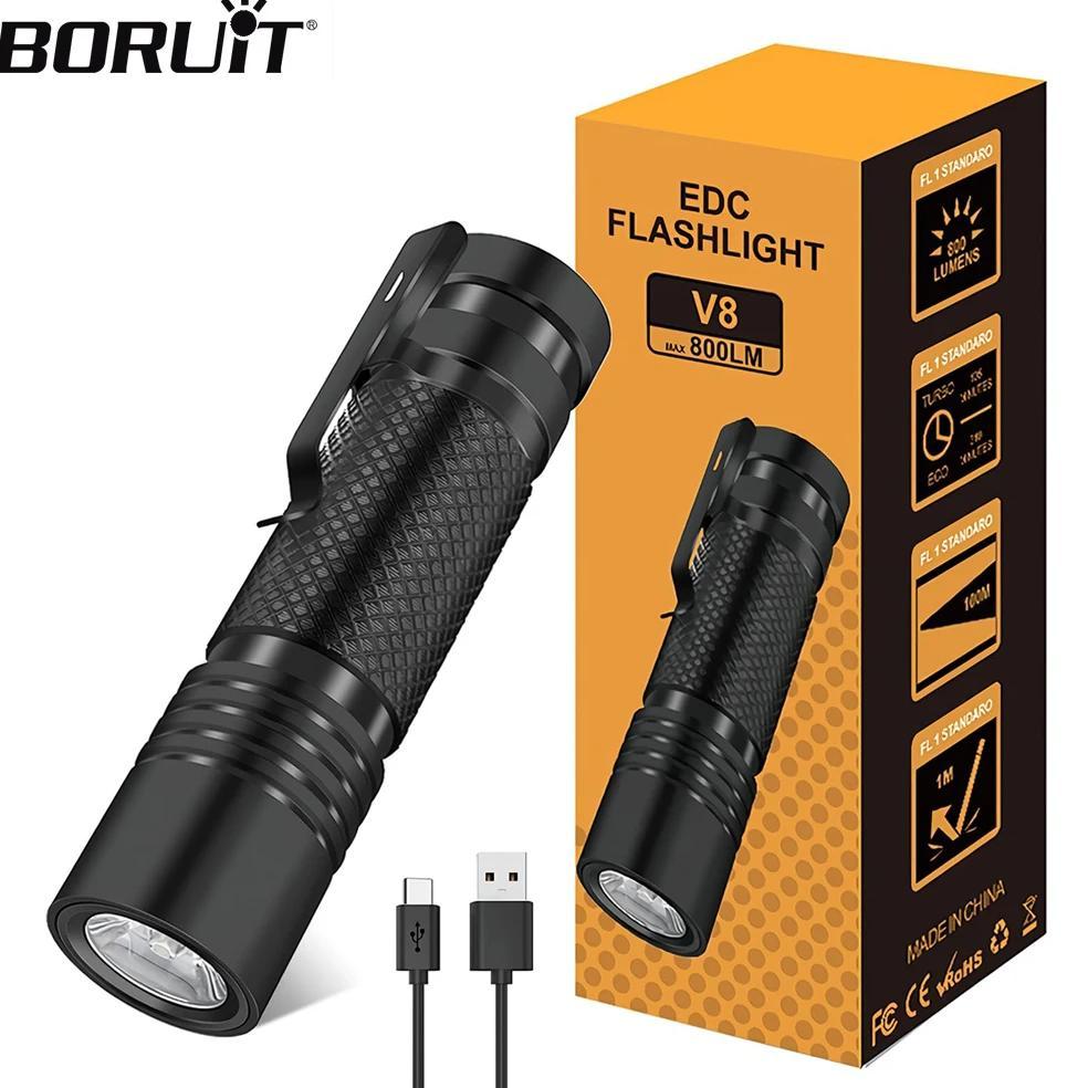 BORUiT V8 EDC Flashlight 18650 USB C 800LM Rechargeable Powerful Torch 5 Lighting modes 1200mAh Buil