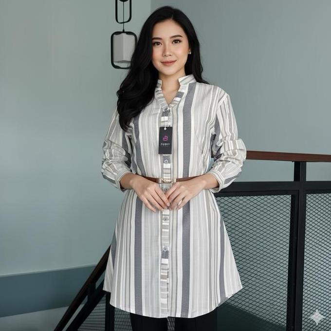 Newrelig- Jubii.Tunik Katun Triset Motif Timbul Kancing Panjang Free Ikat Pinggang