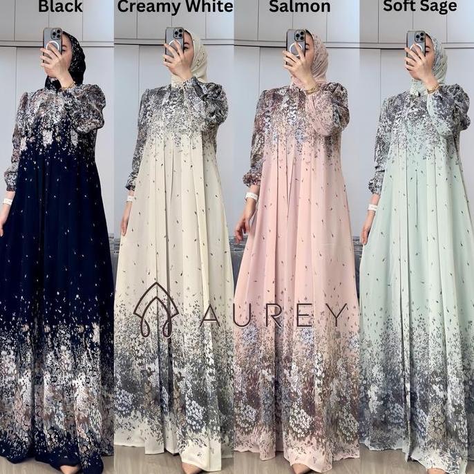 Newrelig- Aurey Set Hijab Agista / Gamis Wanita Motif Gradasi Ceruty Hyget Full Furing / Free Hijab 