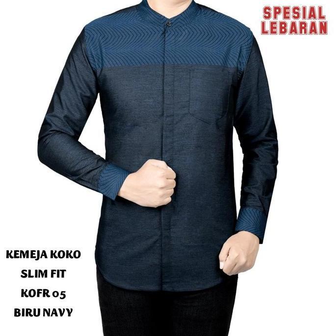 Ready BAJU KOKO MUSLIM PRIA KEMEJA KOKO PRIA SLIM FIT LENGAN PANJANG FORTUN REMO KOFR 05 BIRU NAVY M