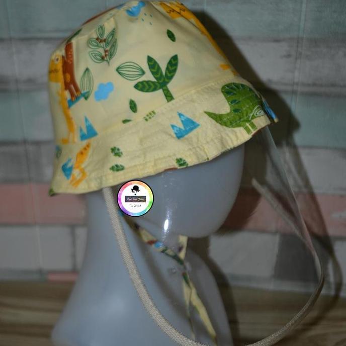 Topi Face Shield Anak Bucket Dino Cream Bertali & berstopper