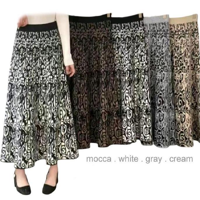 WIKA ROK PANJANG RAJUT TEBAL MOTIF Bawahan Wanita Muslim Dewasa Hitam Putih