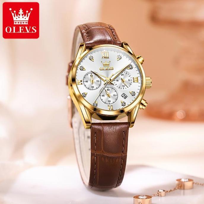 Watchtime- Olevs Jam Tangan Wanita Anti Air Original Multifungsi Luminous Kalender Kulit Casual Puti