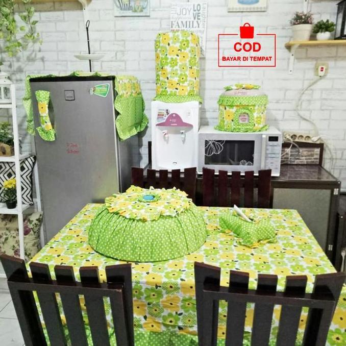 Hot Sale, (Cod) Home Decor Kitchen Set Isi 8 Pcs Taplak Meja Makan Cover Kulkas Sarung Galon Tudung 