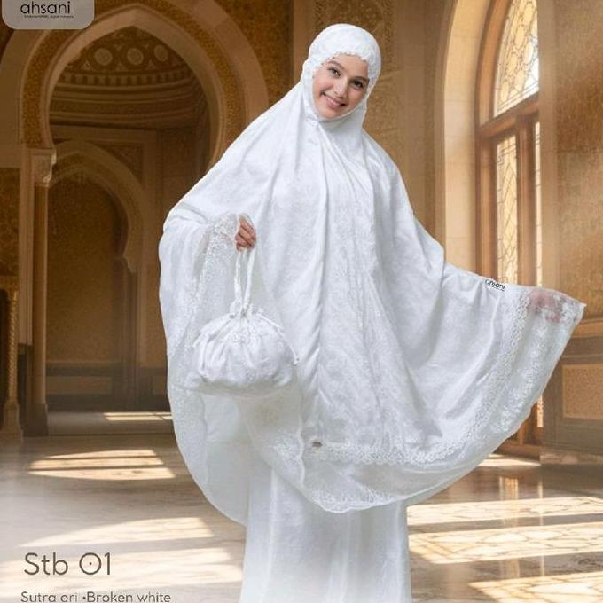 Mukena Ahsani Stb01 Rukuh Dewasa Putih Sutra Bordir Ori Renda Mewah
