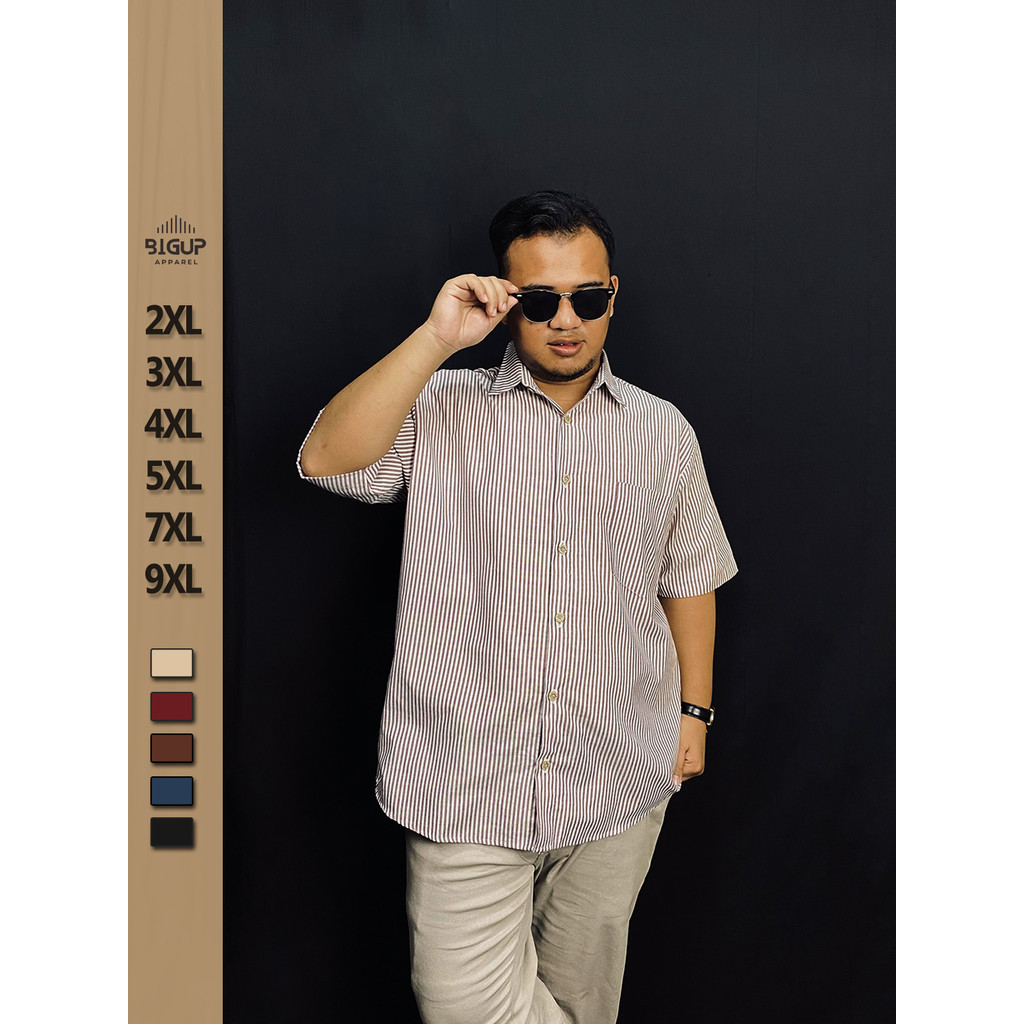 Kemeja Salur Pria Jumbo Terbaru 2025 Lengan Pendek Kerah Kemeja Motif Garis garis