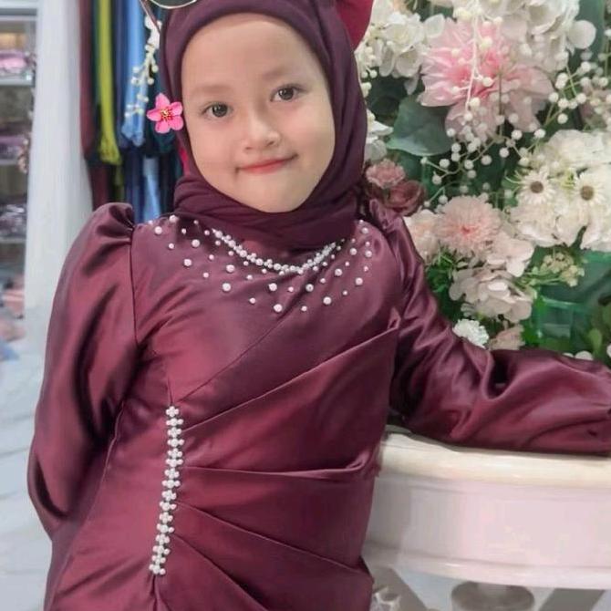 Kidsrelig- Dress Pesta Anak Perempuan Umur 2-12Tahun Bahan Satin Desain Elegan Dengan Payet Mutiara 