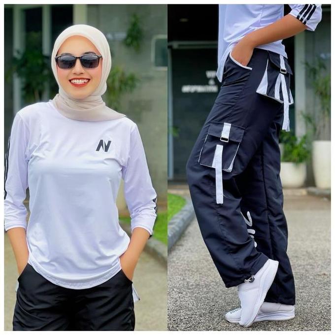 Lngsungkirim- Setelan Senam Dan Olahraga Set Atasan N Putih Lis Hitam Dengan Celana Senam Cargo Zumb