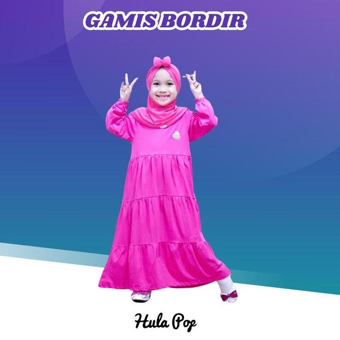 Hulapop Gamis Kaos Anak Aplikasi Bordir Warna Pink Fanta Size 1-4 Tahun Baju Katun Muslim Cewek Syar