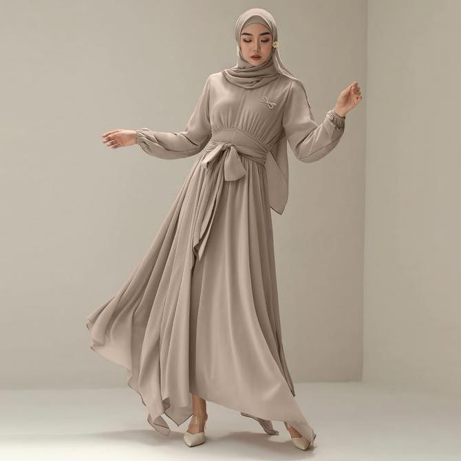 Demore Layerna Dress Elegan Simple Fashion Muslim Gaun Ceruty Babydoll Lapis Furing