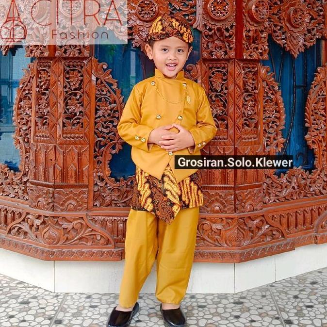Beskap Basofi Blangkon coklat Sembong instan Motif parang Senada Baju adat Kostum anak Basofi premiu