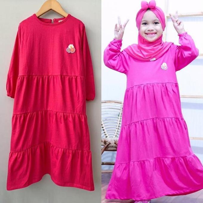 Gamis Kaos Anak Aplikasi Bordir Warna Pink Fanta Size 1-10Th Baju Katun