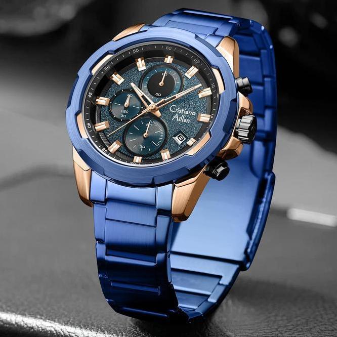 Cristiano Aillen Jam Tangan Pria Analog 8888 Rantai Stainless Steel Chronograph Kaca Sapphire Water 