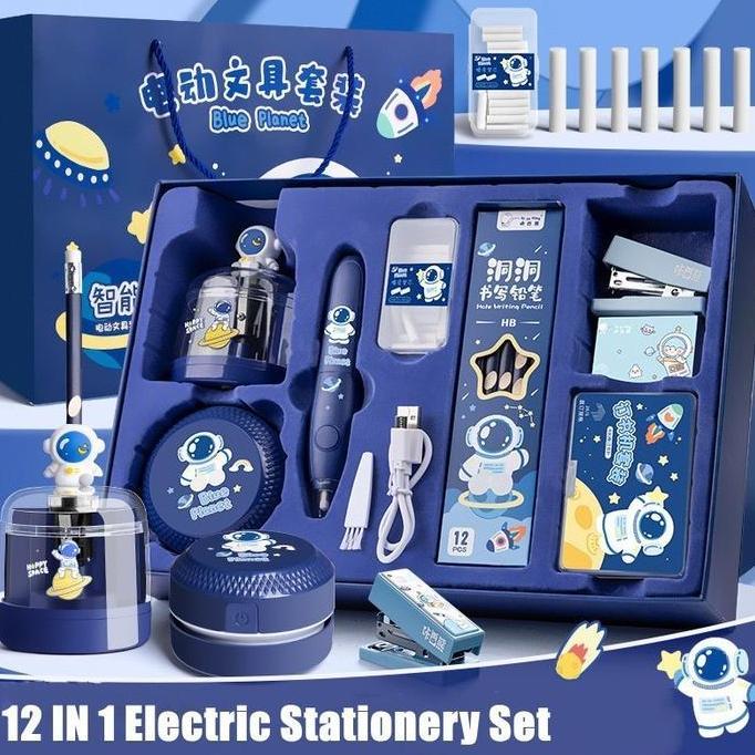 JUAL 12 IN 1 ELECTRIC STATIONERY SET / SET ALAT TULIS ELEKTRONIK RAUTAN PENGHAPUS VACUUM PENCIL /SET