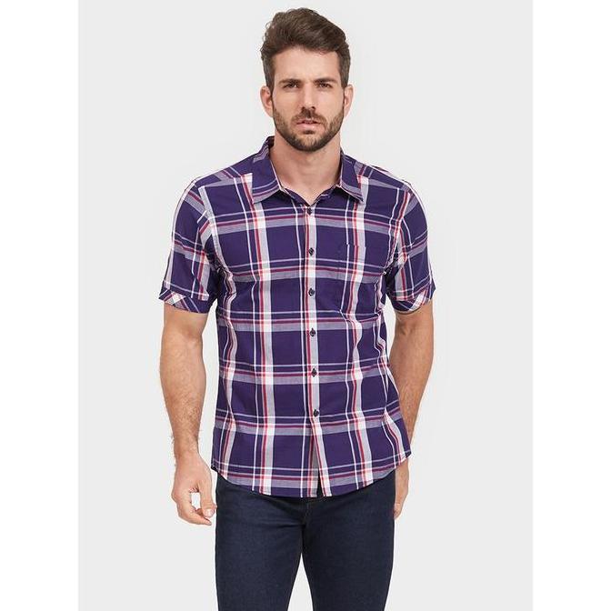 YEGE Kemeja Pria Kotak Ungu 0109 Lengan Pendek