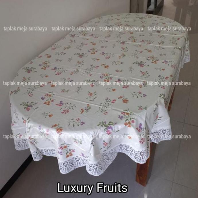 Best Promo!, Taplak Meja Makan Oval 6 Kursi Plastik Anti Air Waterproof Motif Bunga Buah Cantik Lucu