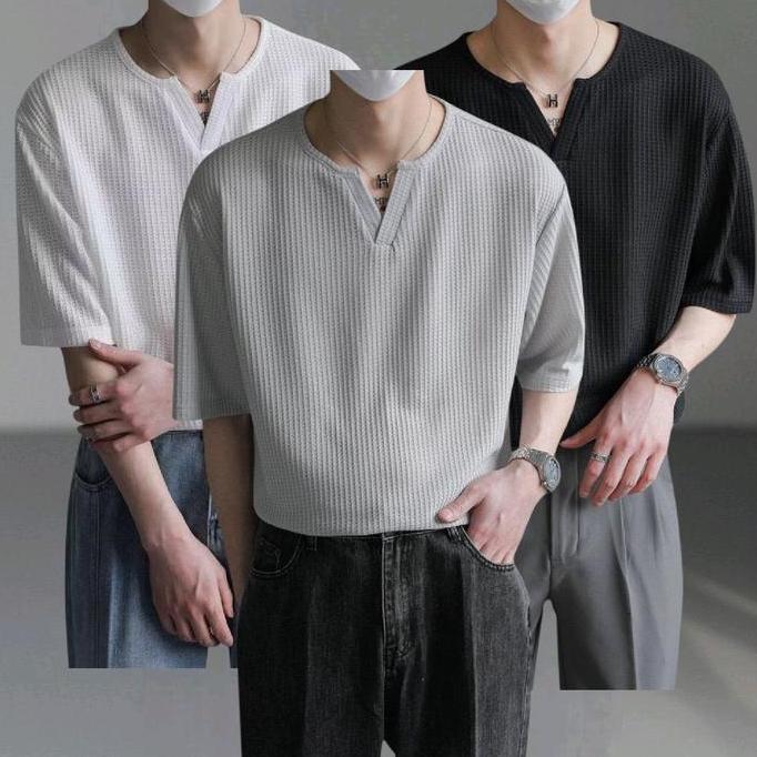 DISKON PAKET 3 PCS KAOS WAFFLE POLOS V NECK LENGAN PENDEK PRIA OBLONG