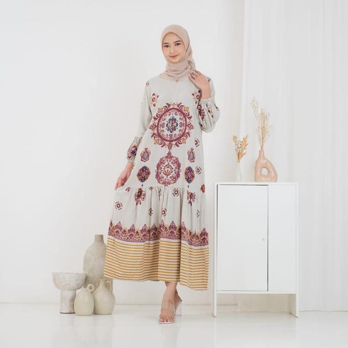 FREE ONGKIR GAMIS ARUMI DRESS RAYON REMPEL BUSUI LENGAN PANJANG BALON BATIK ADEM TEBAL NYAMAN