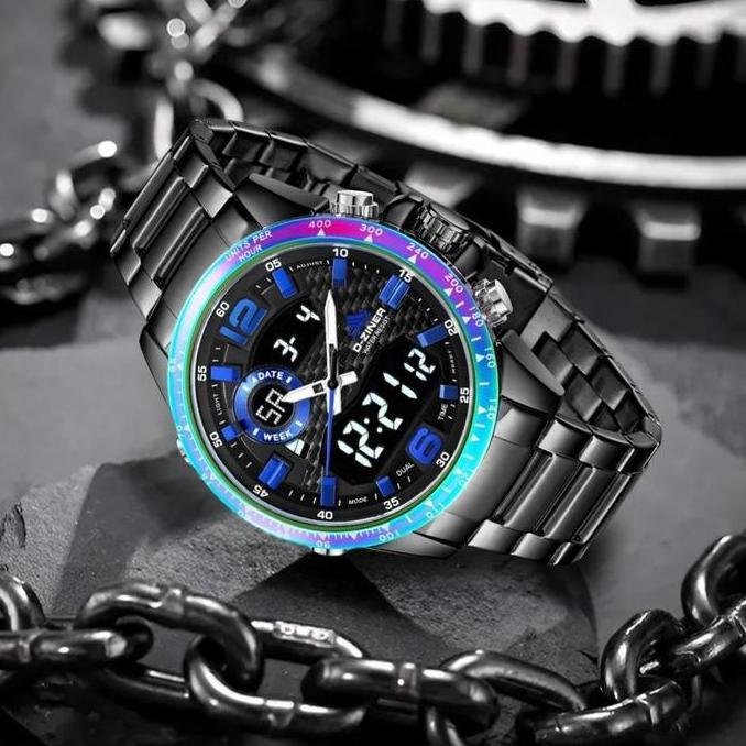 Dziner Jam tangan Pria 8306 Double Time Rantai Stainless Steel Water Resistant 3 ATM