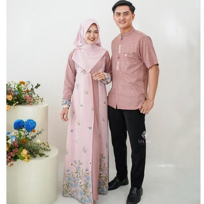 New Arrival, Baju Lebaran Couple Family Set Pasangan Dress Wanita Kombinasi Motif Kondangan Silmi Na