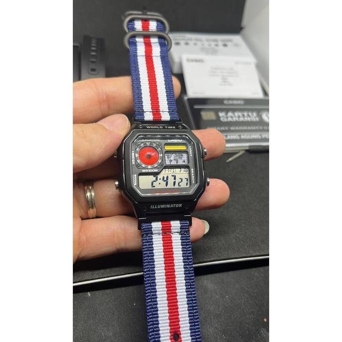 Modified jam tangan pria Casio AE-1200, colorful LCD, hydromod case and Nato kanvas canvas military 
