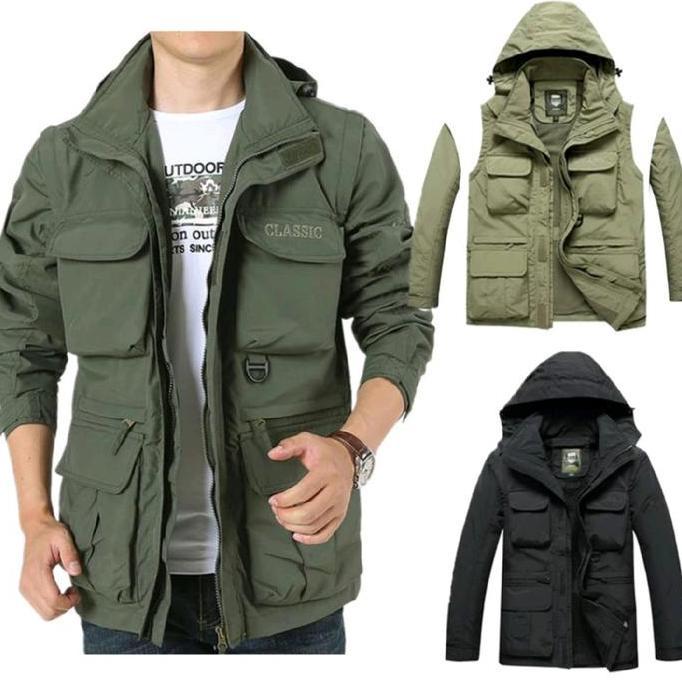 Jaket Distro Pria dengan Logo Bordir Parasut dan Rompi Kantong Banyak - Hitam - Santai, Casual, Panj