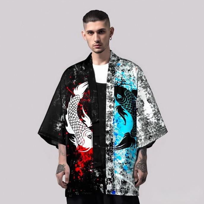 Fashion Ikan Mas Cina Blok Warna Splicing Cosplay Haori Kasual Longgar Pria Kimono Jepang Harajuku [