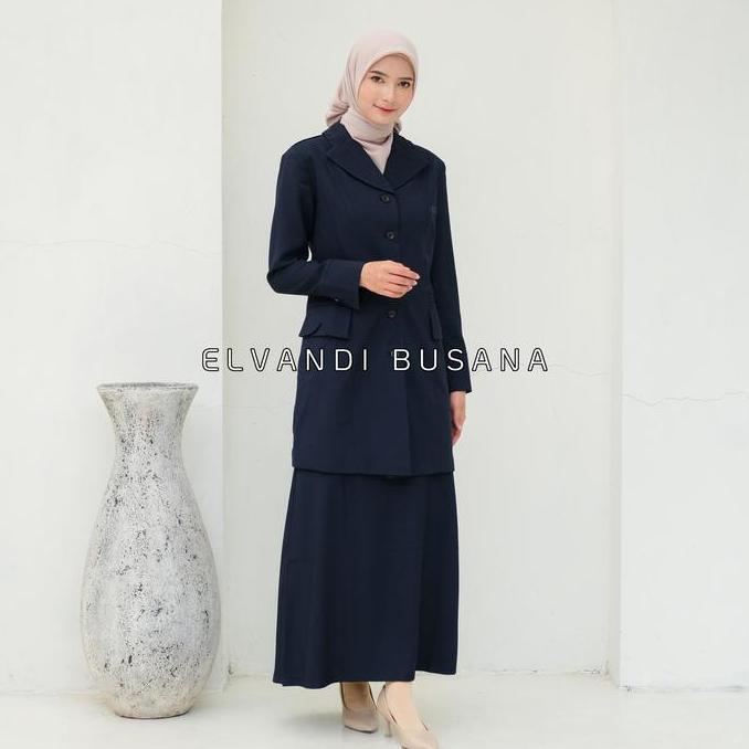 Setelan Jas Wanita Blazer Model Semi Tunik Biru Dongker Seragam Guru Baju PNS & Pemda - 6611 Setelan