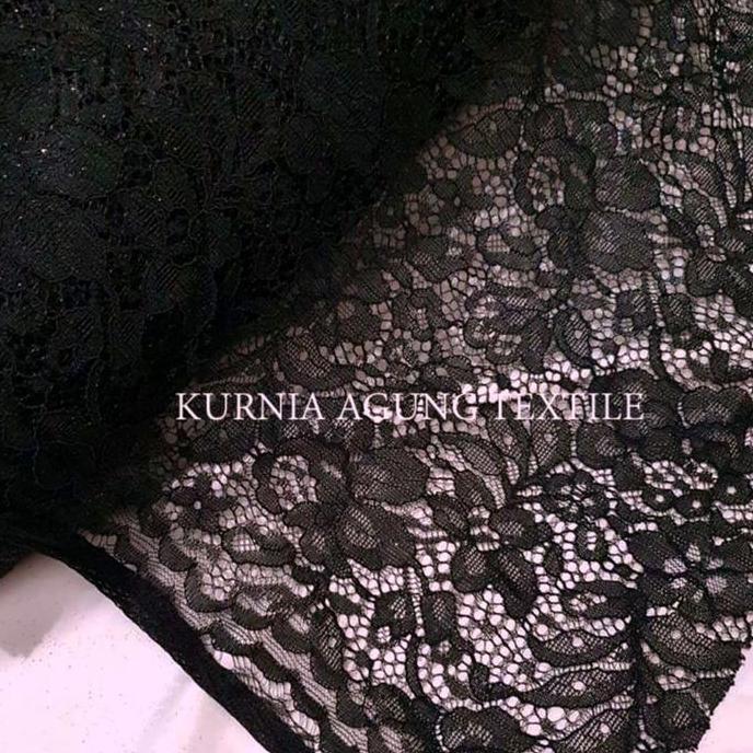 Unik 1/2 Meter Kain Brokat Tile Prancis Brokat Bordir Lace Glitter Warna Hitam / Black Motif Bunga P