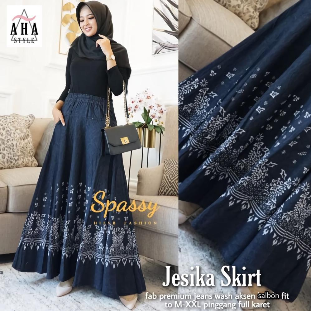 Rok Panjang Jeans Motif Fashion Muslim Payung Umbrella Jumbo Kekinian Jesika Skirt M to XL