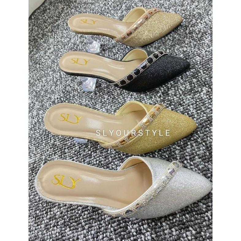 sepatu Sandal wanita heels kaca kerucut tinggi 7 cm high selop bapau jelly glitter mutiaraSandal wan