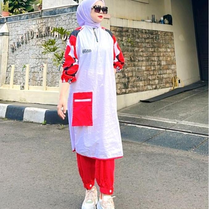 Emilia set tunik Merah-putih by Calistha Celana