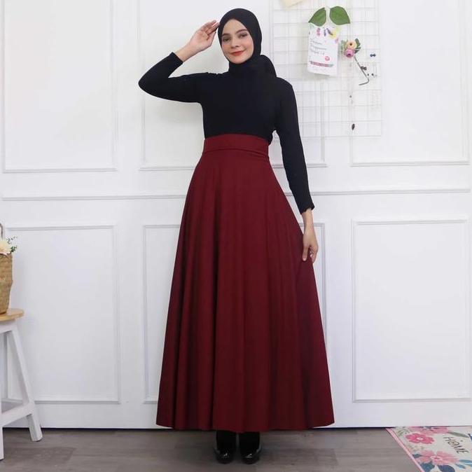 Rok Payung Panjang Wanita Rok Lebar Karet Tebal Muslim Bawahan Maxi Hitam