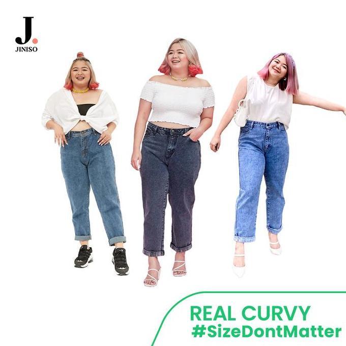 REAL CURVY - JINISO Jumbo Boyfriend Celana Jeans Wanita Warna Denim HighWaist