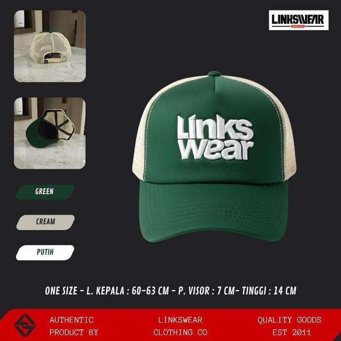 LINKSWEAR Topi Trucker Pria Hijau Cream Hat Bahan Lotto Nyaman Adjustable Lingkar 60-63 cm