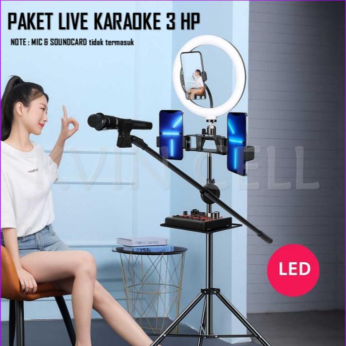 PAKET TRIPOD LIVE STREAMING KARAOKE STAND AUDIO HOLDER 2HP 3 HP RING LIGHT HOLDER PANJANG STAND RING