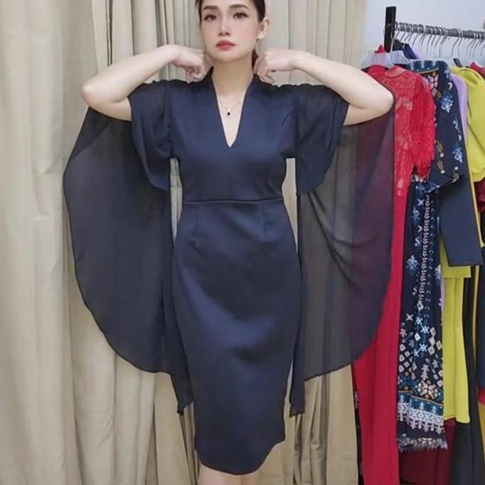 Xyxy- Loowear Midi Dress Bodycon Pesta Kondangan Bangkok Span Pendek Lengan Tile Premium Kekinian