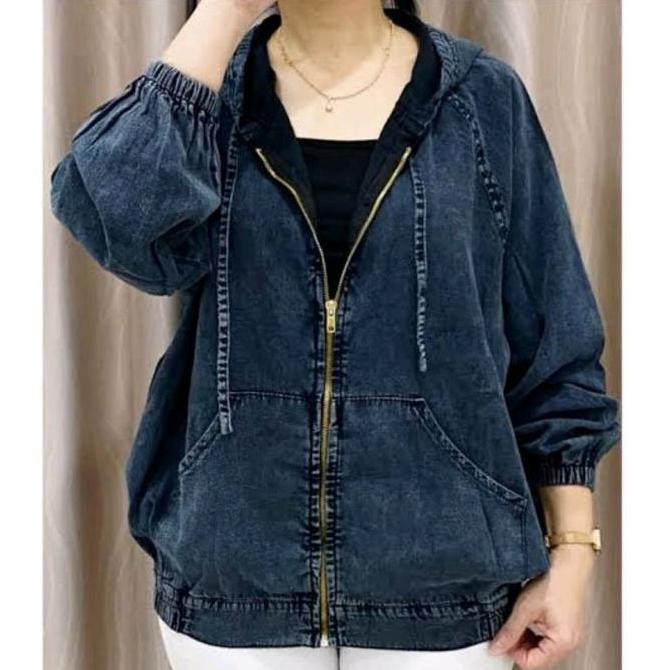Promo !!! Tjaket Hoodie Jeans Zipper Wanita Kekinian Lembut Top Denim Nyaman Panjang Oversize Crop K