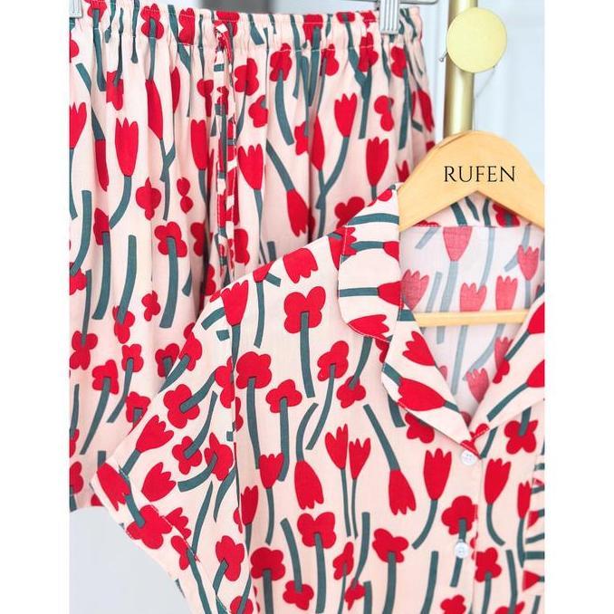 RUFEN / Setelan Baju Tidur Wanita Bahan Rayon Warna Merah