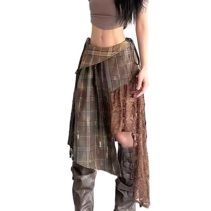 [HEYSOUL] Rok Asimetris Boho Edgy Vintage Lace Kotak-Kotak Gaya Artsy Grunge Elegan | Layered | Rok 