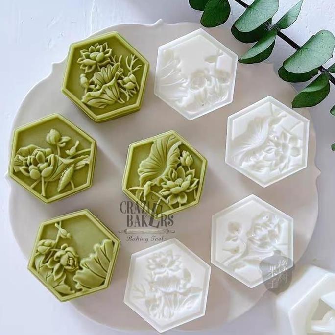 Cetakan Kue Bulan Hexagon Square 50 GR Bunga Peony Camellia - Rabbit Lotus Koi FishMooncake Mold