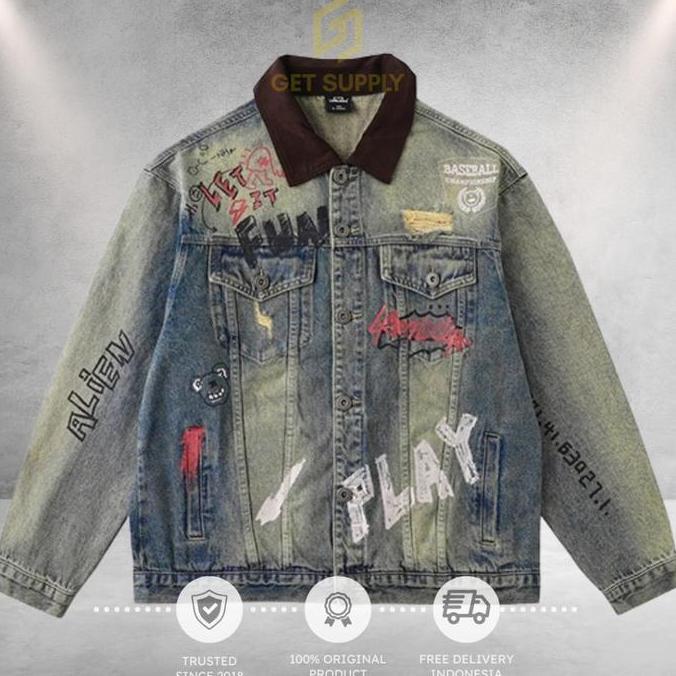 LAMLICKA RIPPED JAKET DENIM JACKET DESTROY HAND PAINTED STREETWEAR IMPORT BRANDED ORIGINAL UNISEX mu