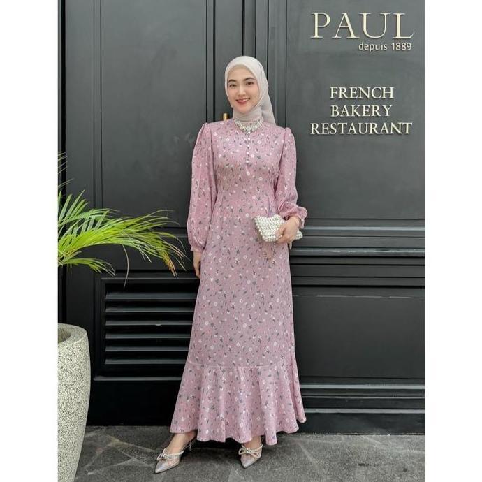 Promo Fanmu Floral Dress Muslim Kekinian Gamis Motif Bunga Daisy Vintage Hijau Pink Wanita