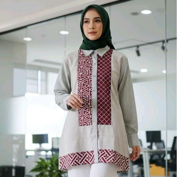 Grosir Saiara Aliva Hijau Kemeja Batik Kombinasi
